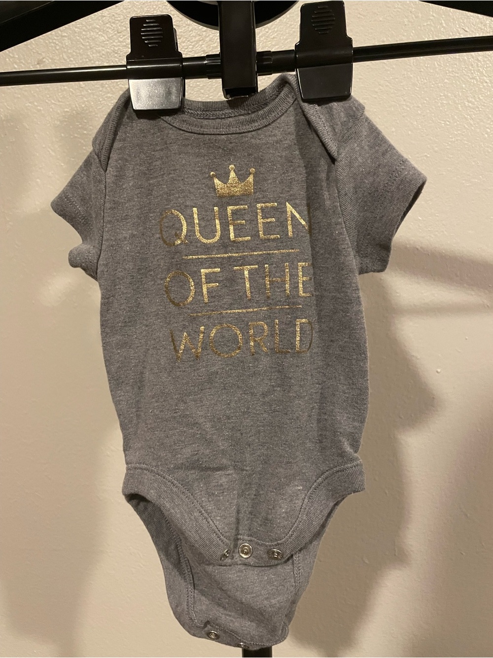 Gray Baby One-Piece with Gold 'Queen of the World' Graphic